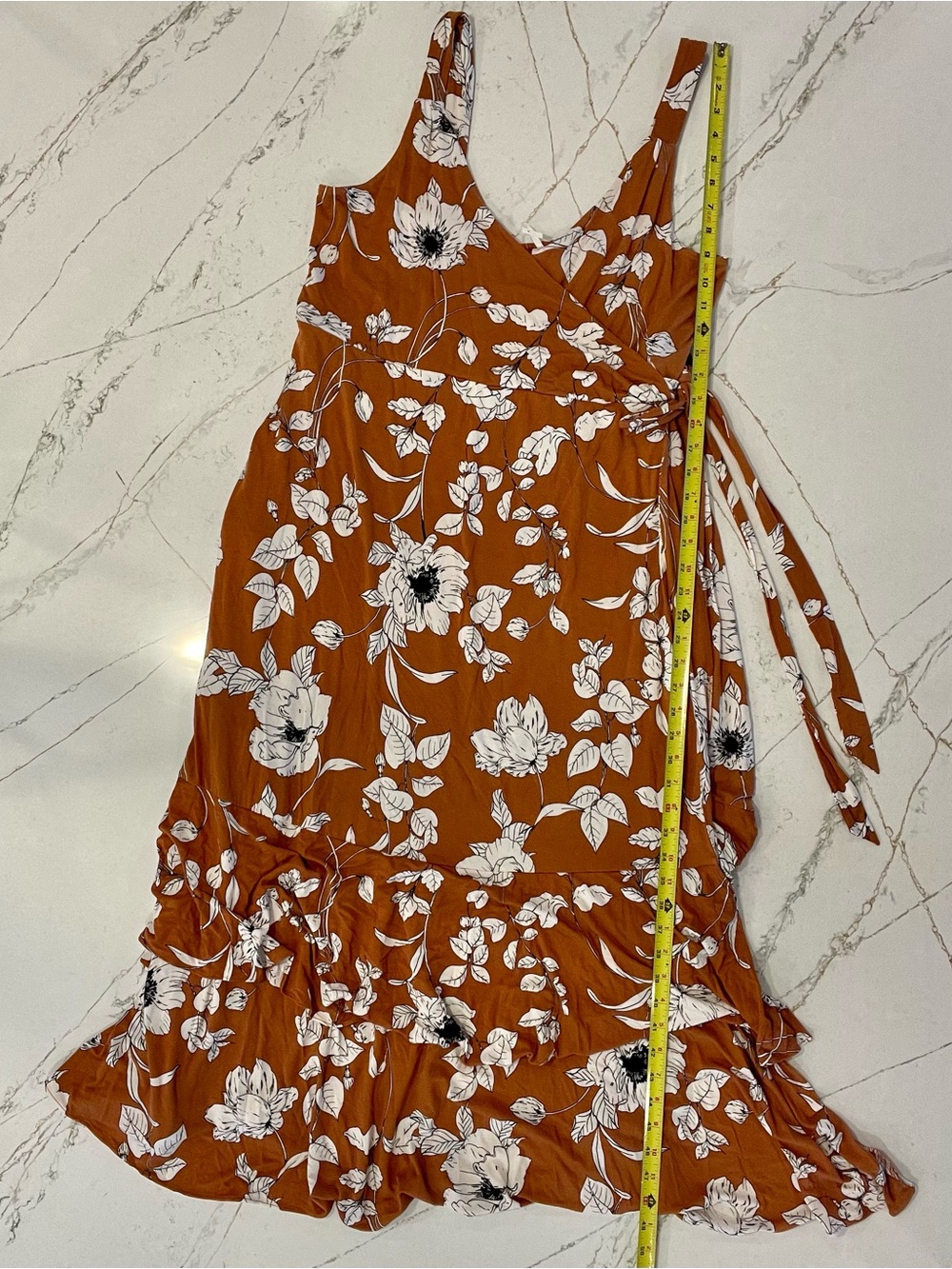 NWT By Anthropologie Floral Faux Wrap Ruffle Midi Dress Brown XL